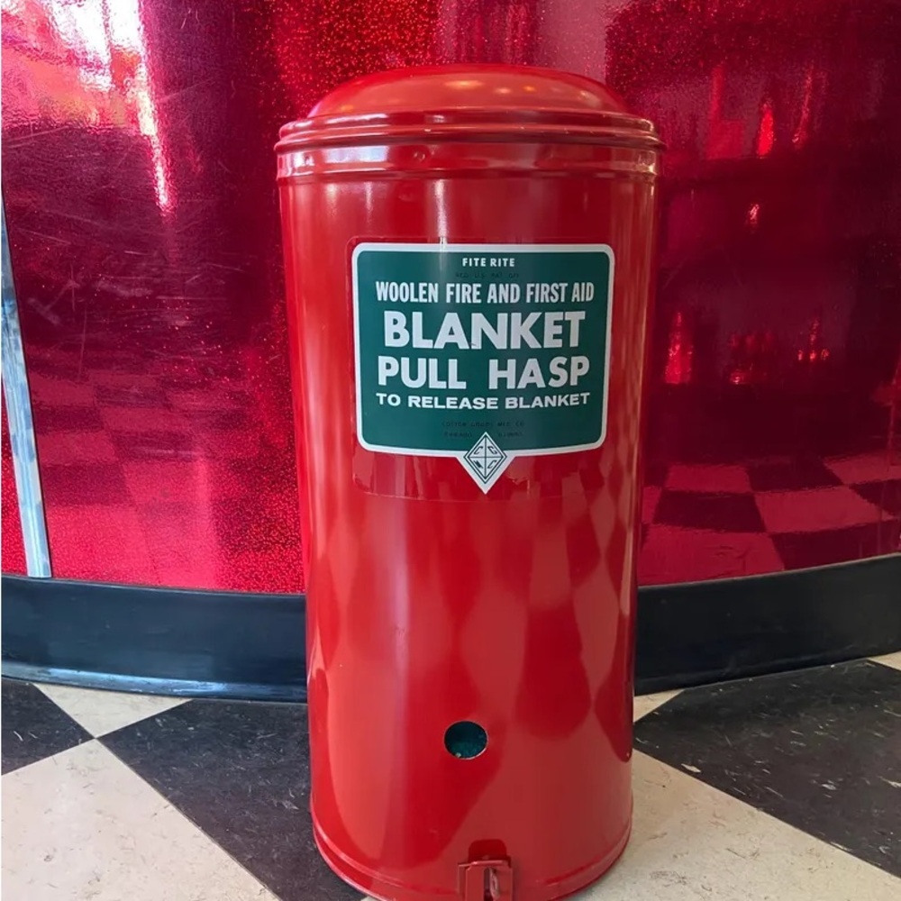 Vintage fire blanket first aid pull hasp Fite Rite red canister and wool blanket